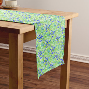 Blue Flowers And Grass Nature Art Pattern      Short Table Runner
