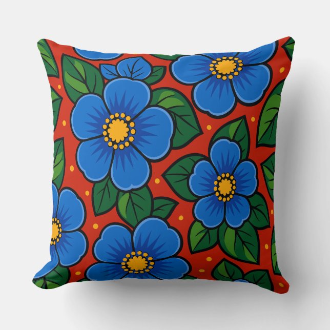 Blue Flowers and Green Leaves on a Red Background Cushion (Front)