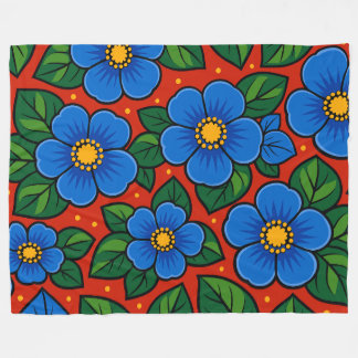 Blue Flowers and Green Leaves on a Red Background Fleece Blanket