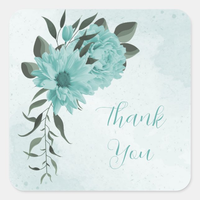 blue flowers and green leaves wedding thank you  square sticker (Front)