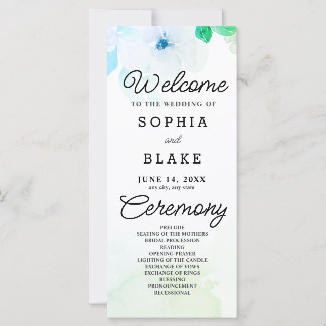 Blue Flowers and Greenery White Wedding Program (Front)