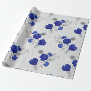 Blue Flowers and Grey Leaves on White Wrapping Paper