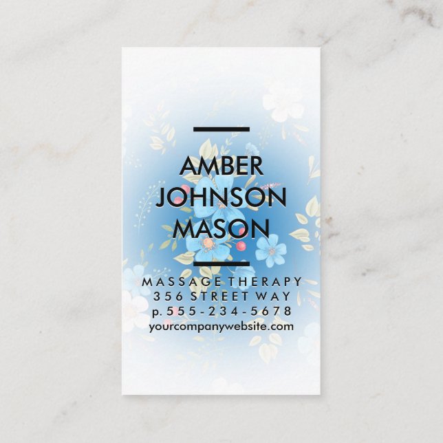 Blue Flowers and Leaves Decorative Pattern Business Card (Back)