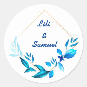 blue flowers and leaves on a golden rhombus classic round sticker