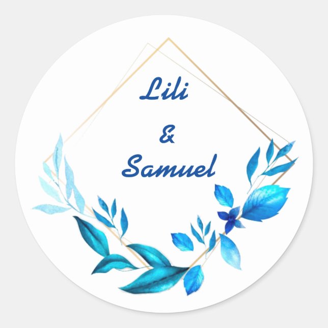 blue flowers and leaves on a golden rhombus classic round sticker (Front)