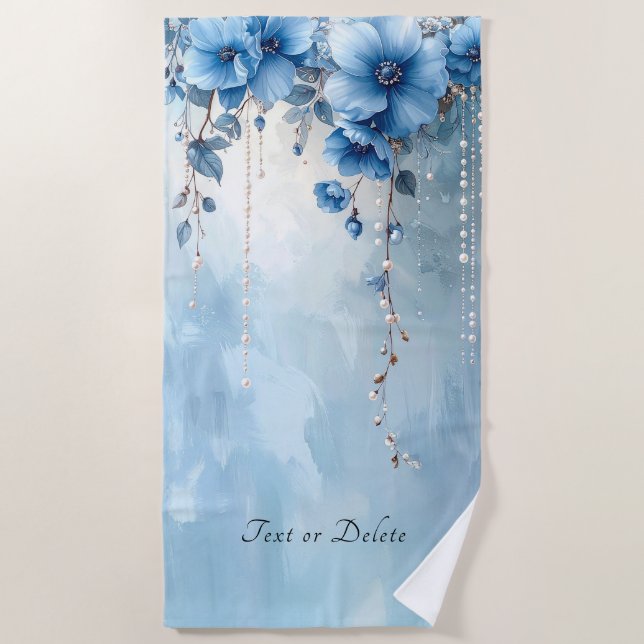Blue Flowers and Pearls Beach Towel (Front)