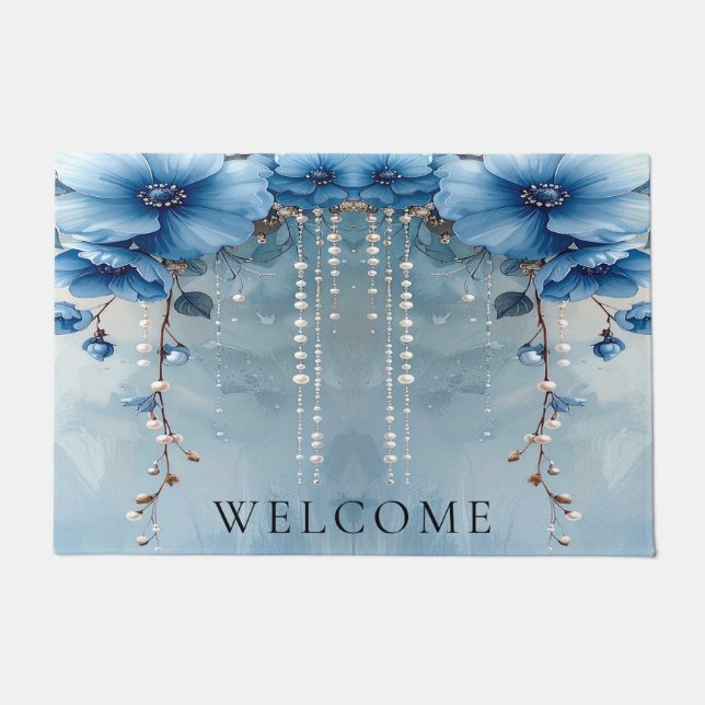 Blue Flowers and Pearls Doormat (Front)