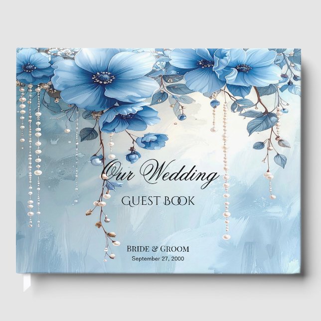 Blue Flowers and Pearls Guest Book (Front)