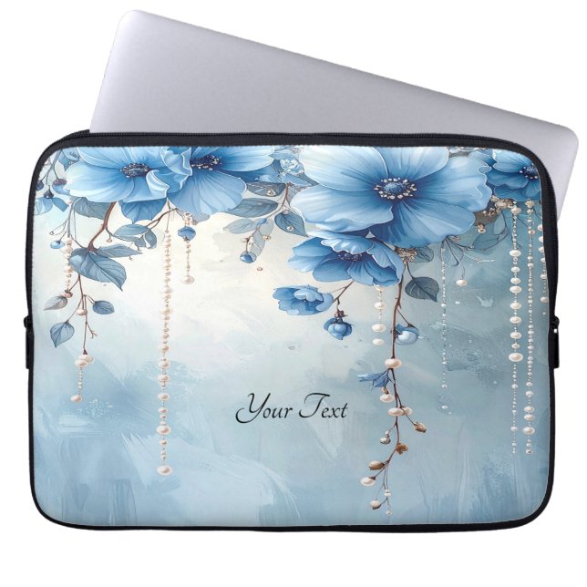 Blue Flowers and Pearls Laptop Sleeve (Front)