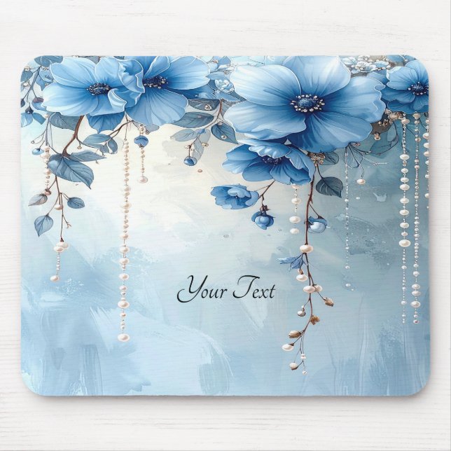 Blue Flowers and Pearls Mousepad (Front)