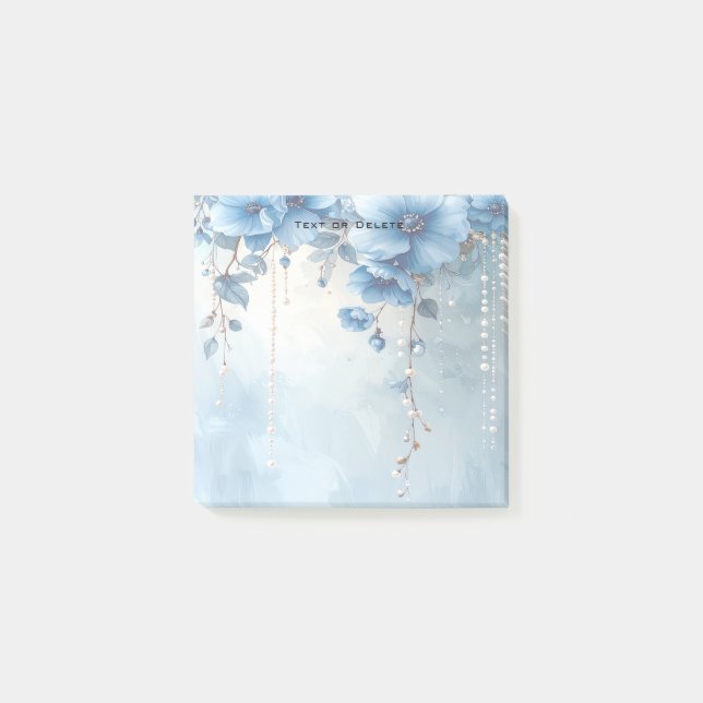 Blue Flowers and Pearls Post it Notes (Front)