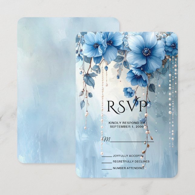 Blue Flowers and Pearls RSVP Card (Front/Back)