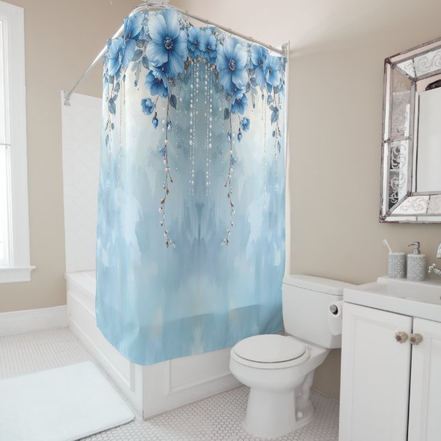 Blue Flowers and Pearls Shower Curtain (In Situ)