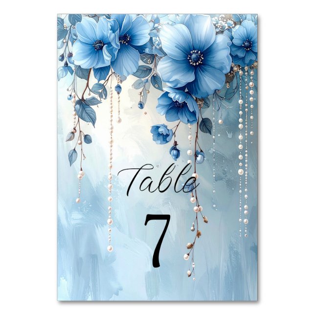 Blue Flowers and Pearls Table Number (Front)