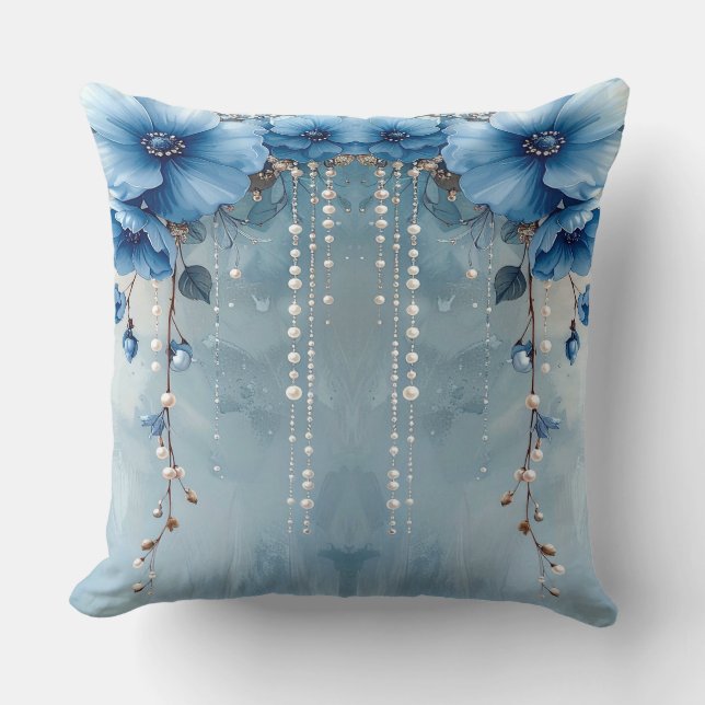 Blue Flowers and Pearls Throw Pillow (Front)