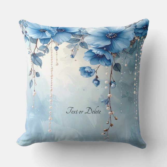 Blue Flowers and Pearls Throw Pillow (Front)