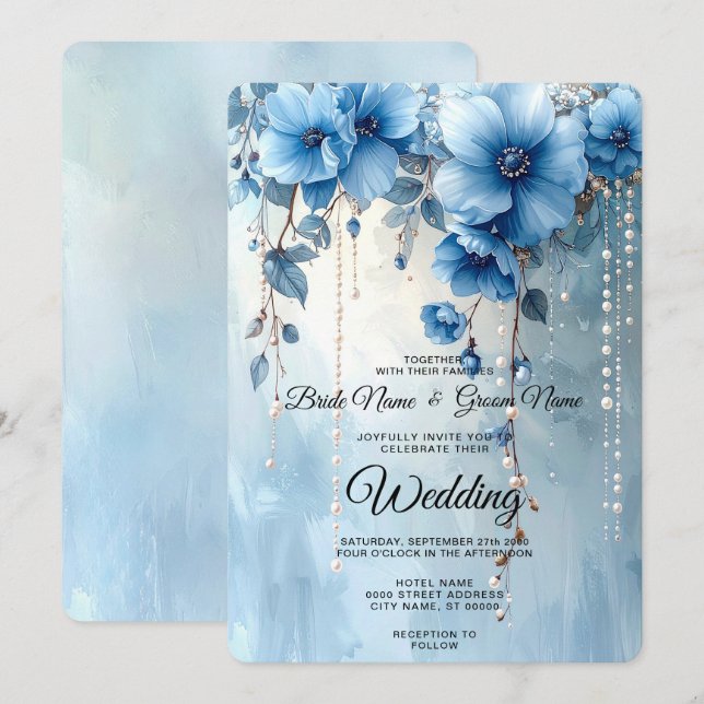 Blue Flowers and Pearls Wedding Invitation (Front/Back)