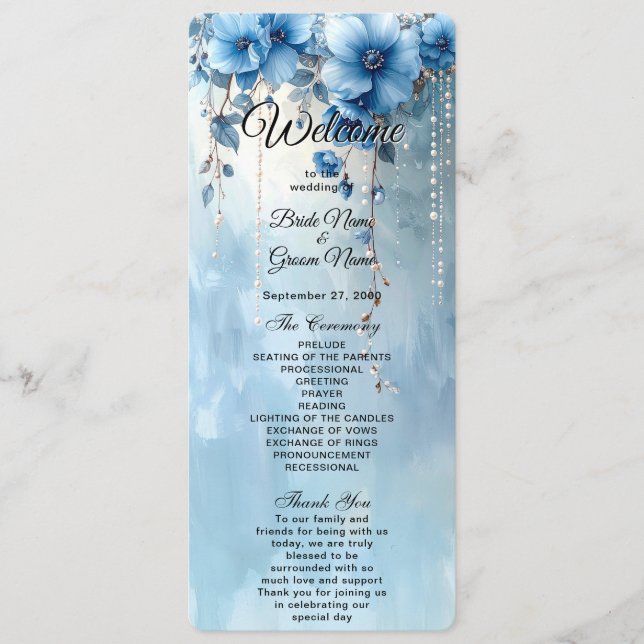 Blue Flowers and Pearls Wedding Program Programme (Front)