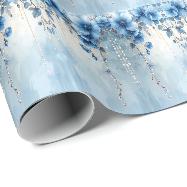 Blue Flowers and Pearls Wrapping Paper (Roll Corner)