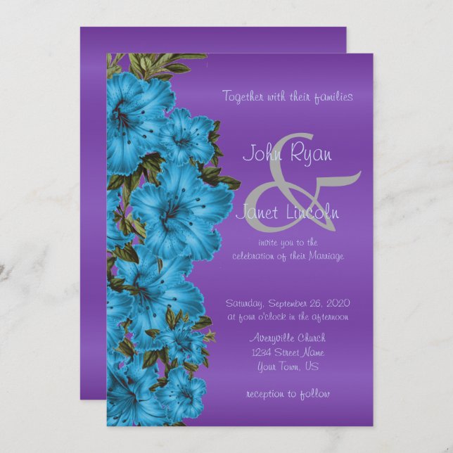 Blue Flowers and Purple Satin Wedding Invitations (Front/Back)