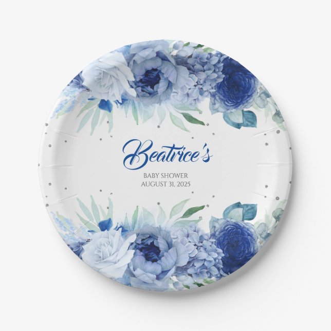 Blue Flowers and Silver Confetti Baby Shower Paper Plate (Front)