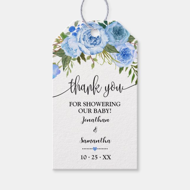 Blue Flowers Baby Shower Favour Tag (Front)