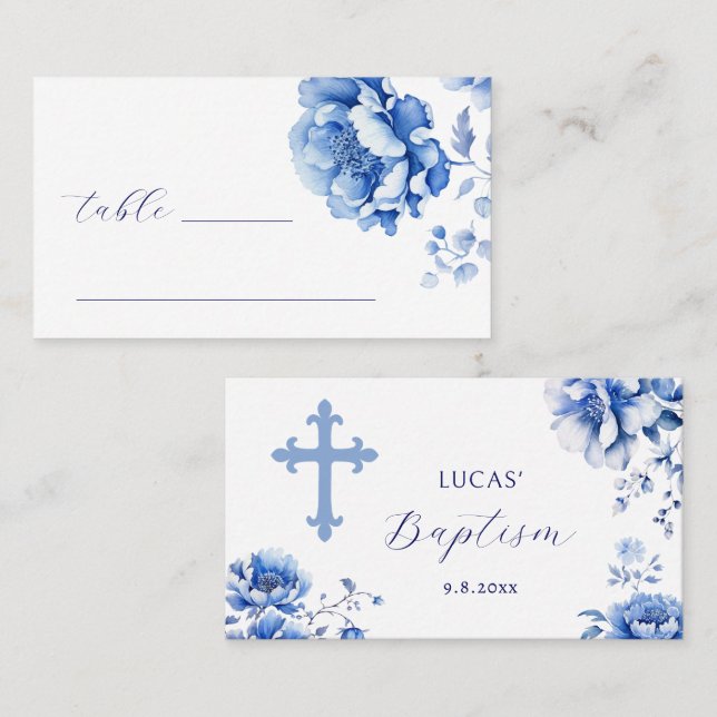 Blue Flowers Baptism Flat Place Card (Front/Back)
