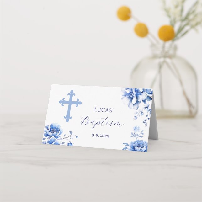 Blue Flowers Baptism Folded Place Card (Back)