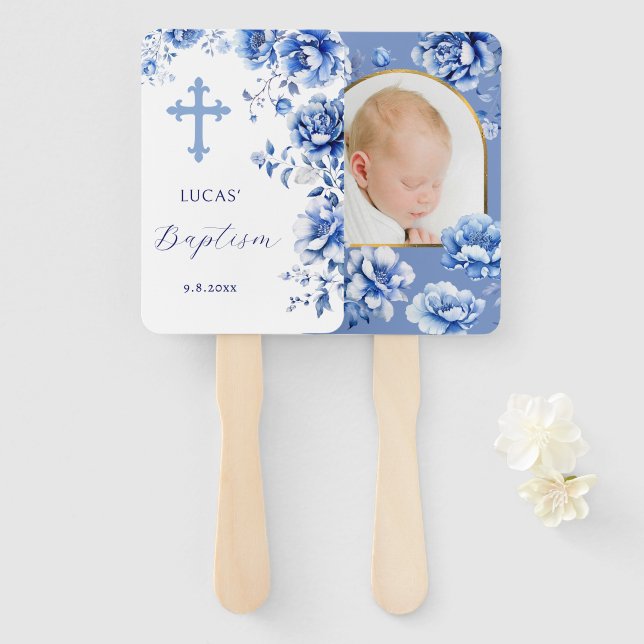 Blue Flowers Baptism Hand Fan (Front and Back)