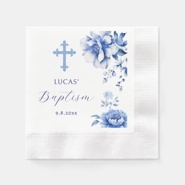 Blue Flowers Baptism Paper Napkin (Front)