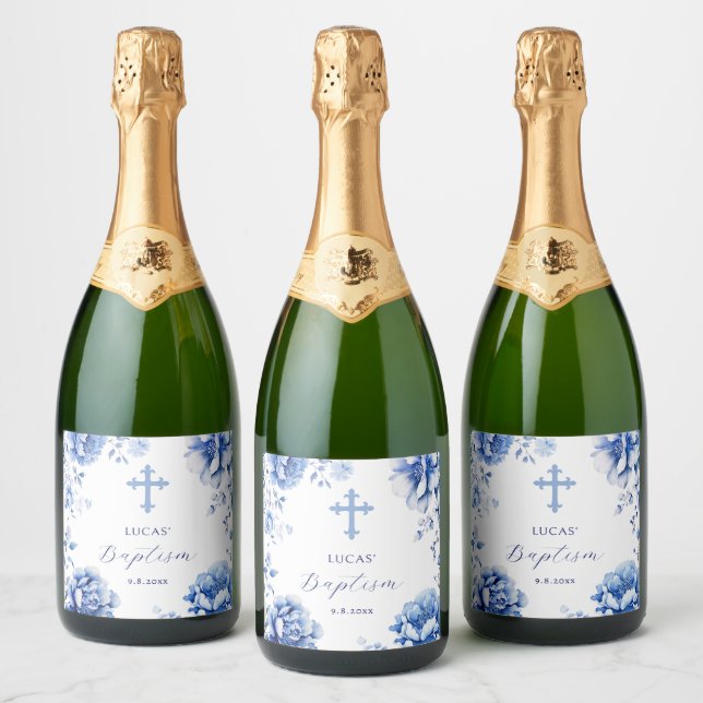 Blue Flowers Baptism Sparkling Wine Label (Bottles)