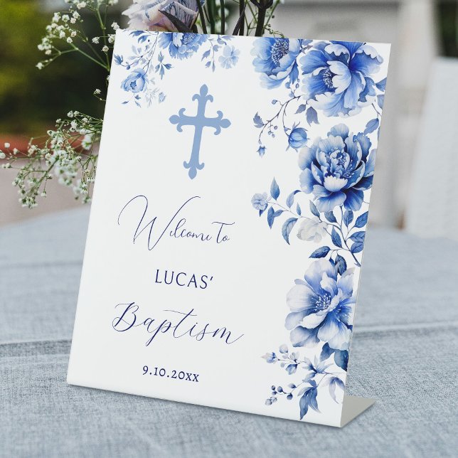 Blue Flowers Baptism Welcome Pedestal Sign (Creator Uploaded)