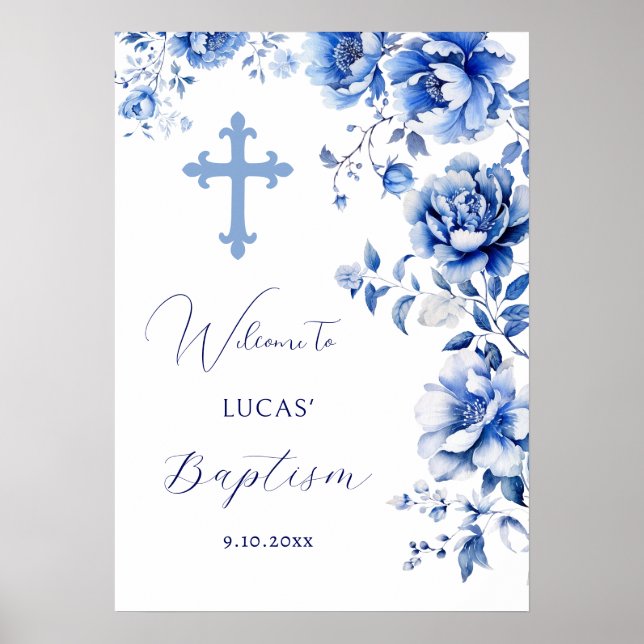 Blue Flowers Baptism Welcome Poster (Front)