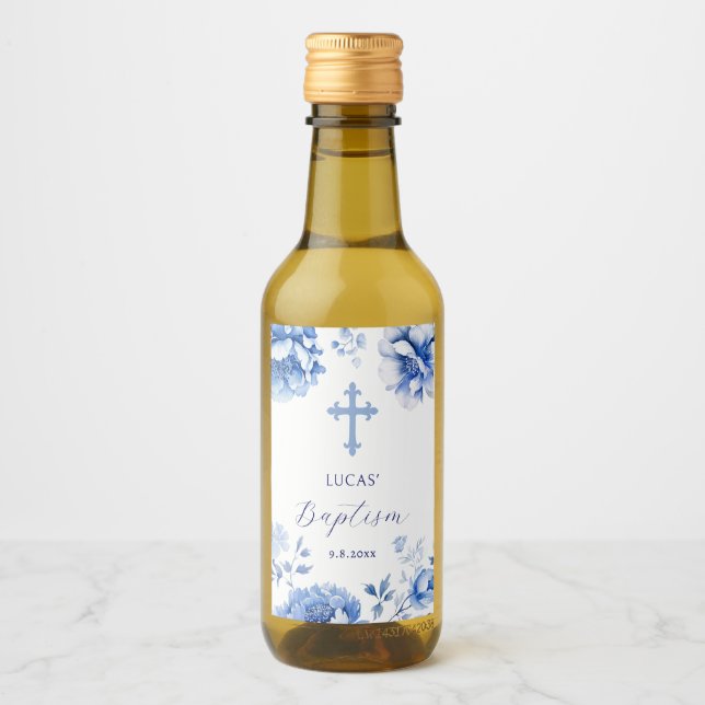 Blue Flowers Baptism Wine Label (Front)