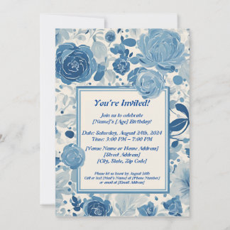 Blue Flowers Birthday Invitation