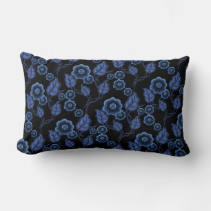 Blue flowers, blue leaves, Folk art flora/black Lumbar Cushion