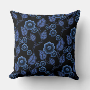 Blue flowers, blue leaves, Folk art floral/black Cushion