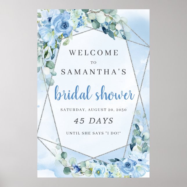 Blue flowers boho bridal shower countdown sign (Front)