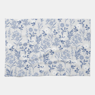 Blue Flowers Botanical Painting Tea Towel