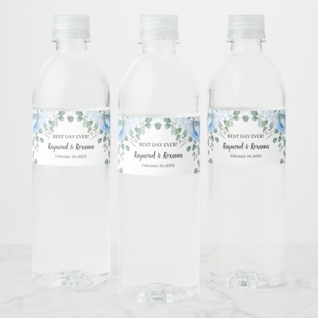 Blue Flowers Bridal Shower Wedding  Water Bottle Label (Bottles)