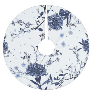 Blue flowers brushed polyester tree skirt