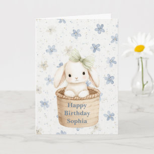 Blue Flowers Bunny in Basket Birthday Card
