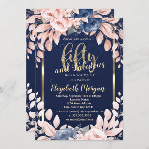 Blue Flowers Confetti Navy Blue 50th Birthday Invitation