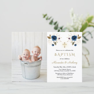Blue Flowers Cross Boys Twins Photo Baptism Invitation