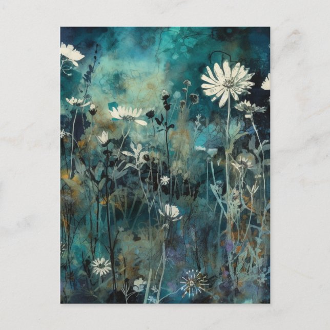 Blue Flowers Cyanotype Mixed Media Postcard (Front)