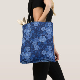 blue flowers dark  blue  tote bag