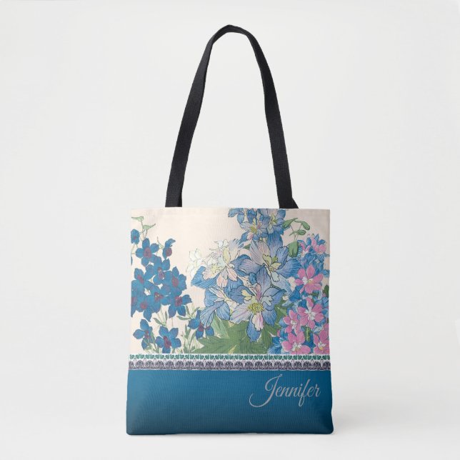 Blue Flowers Design Tote Bag (Front)