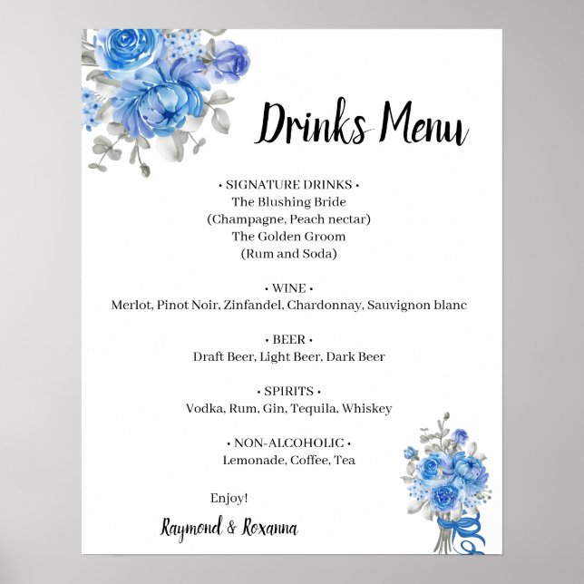 Blue Flowers Drinks Menu Wedding Sign (Front)