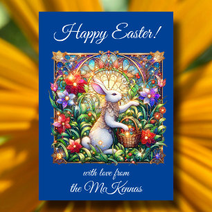 Blue Flowers Easter Rabbit Stained Glass  Holiday Card