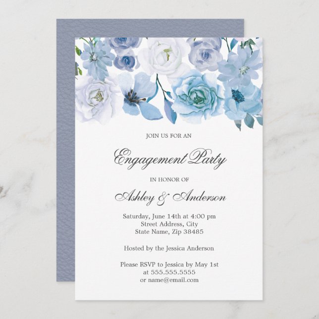 Blue Flowers Elegant Engagement Party Invitation (Front/Back)